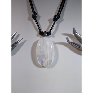 Natural Moonstone Oval Pendant Necklace Adjustable Black‎ Cord Blue Flash Boho